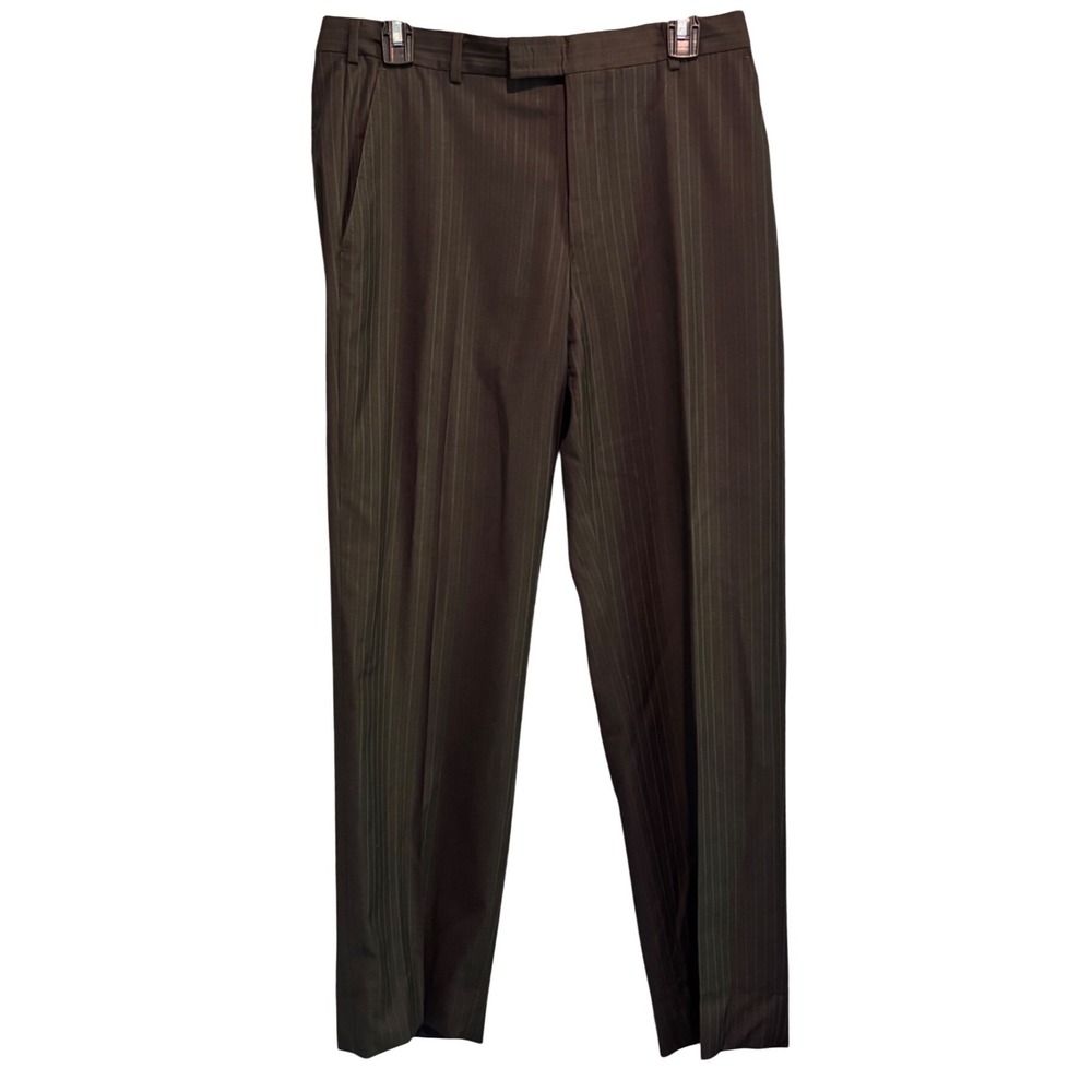 Z Zegna Mens Brown Pinstripe 100% Wool Dress Flat Front Trousers EU 48R US 32